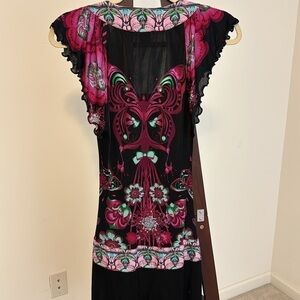 Custo Barcelona Black/Pink Butterfly Flutter Sleeve Dress Sz S